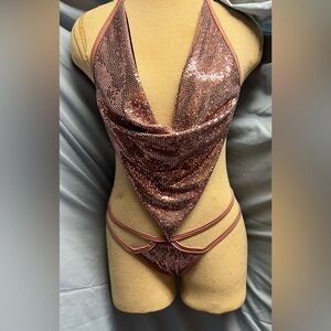 Sparkling Sequin Halter Cowl Neck Halter Top & Lined Double Strap Thong Panty